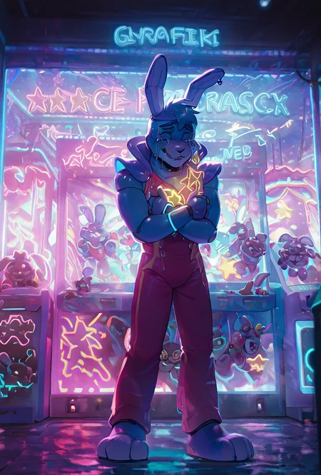 <lora:glambon-10:1> glambon, rabbit ears, cyan skin,, male focus, red swim suit, sleeveless, , solo, star (symbol), robot, furry, <lora:WSSKX_WAI:1> neon lights, mega plex, neon mall, arcade, crying, masterpiece, best quality, amazing quality, very aesthetic, absurdres, newest,