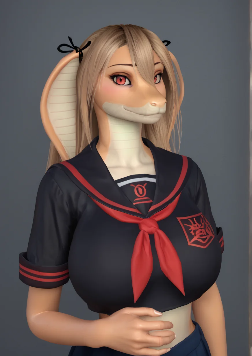 1girl, murasame (kancolle), huge breast, 3d, furry, furry female, snake girl, black ribbon, black serafuku, breasts, closed mouth, hair between eyes, hair ribbon, light brown hair, long hair, looking at viewer, neckerchief, one-hour drawing challenge, red eyes, red neckerchief, ribbon, school uniform, serafuku, shirt, short sleeves, solo, twintails, <lora:Virt-A-Mate_real_furry_VAM:1>