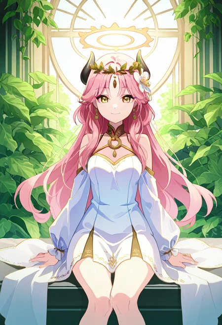 masterpiece, best quality, 1girl, solo, eyelashes, (beautiful eyes), narrow waist, smile,  sitting,    [Celestial Garden Rest], zzAru, yellow eyes, pink hair, long hair, demon horns, halo, C0utur3Cr4z3, floral crown, flowy white dress, ethereal aura, serene garden, soft sunlight, tranquil atmosphere â zzAru sits peacefully in a serene garden, surrounded by vibrant flowers and lush greenery. Her long pink hair flows gently in the breeze, and her yellow eyes shimmer with tranquility as she gazes into the distance. A halo of soft light surrounds her, casting a calming glow, while her demon horns add an unexpected contrast to her angelic appearance. She wears a flowy white dress adorned with a floral crown, exuding a celestial, ethereal presence. The soft sunlight filters through the leaves, and the atmosphere is one of peace and quiet contemplation.  , <lora:AruBlueArchive_NAI:1.0>,   <lora:CoutureCraze_IXL:0.7>,