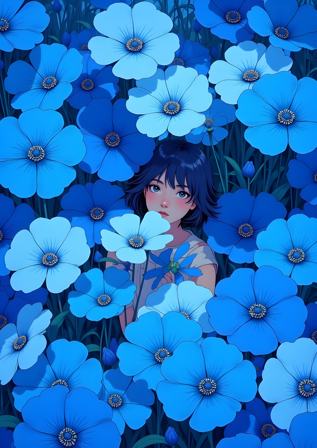 A beautifully detailed and vibrant illustration of a person peeking through a dense field of large, blue flowers. The flowers are the dominant feature of the image, with their bright blue petals and intricate centers creating a visually striking and immersive environment. The person has short, dark hair and is partially hidden by the flowers, with only their face and upper body visible. Their expression is serene and contemplative, adding to the overall sense of tranquility in the scene. The lighting is soft and diffused, highlighting the texture and details of the flowers and the person's skin.
The color palette is dominated by various shades of blue, from deep, rich tones to lighter, more ethereal hues. This creates a harmonious and calming atmosphere, drawing the viewer into the world of the illustration. The contrast between the blue flowers and the person's skin adds depth and dimension to the image.
Overall, this illustration is a captivating and dreamlike representation of nature and human connection, capturing a moment of quiet beauty and reflection amidst a sea of blue blooms.
BREAK j_art, anime, anime art, <lora:FLUX\jul\J_Anime:0.7>, <lora:FLUX\Anime Art V3:0.1>, <lora:FLUX\Flux-jijia:0.2>