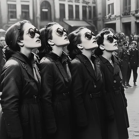 Score_9, score_8_up, score_7_up, BREAK <lora:10s_Retro_Future_MoviePony:1> ArsMovieStill, movie still from a 1910s retro future movie, The image shows a group of women standing next to each other in front of a building wearing black dresses and goggles. In the background there are a few more people standing on the road., looking up, monochrome, multiple girls, coat, sunglasses, greyscale, multiple boys, outdoors, 3girls, blurry