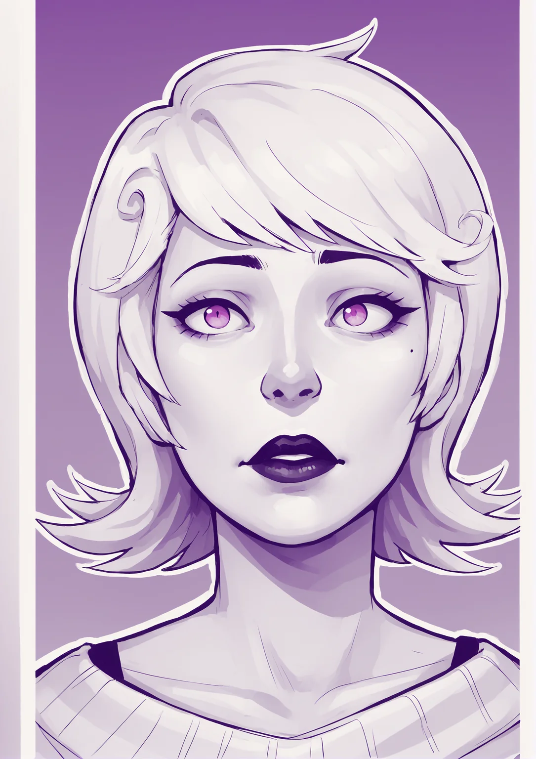 score_9, score_8_up, score_7_up, score_6_up, score_5_up, score_4_up, 2d, anime, anime artstyle, simple shadows, flat coloring, flat shadows, thick lines, white outline, <lora:Roxy_Lalonde_-_Homestuck__Variant_canon_outfits__SDXL_Pony:1> roxlal, 1girl, solo, 1boy, monochrome, white hair, male focus, pink eyes, makeup, lipstick, portrait, purple theme, face close up, detailed face, monochrome, white skin BREAK source_anime