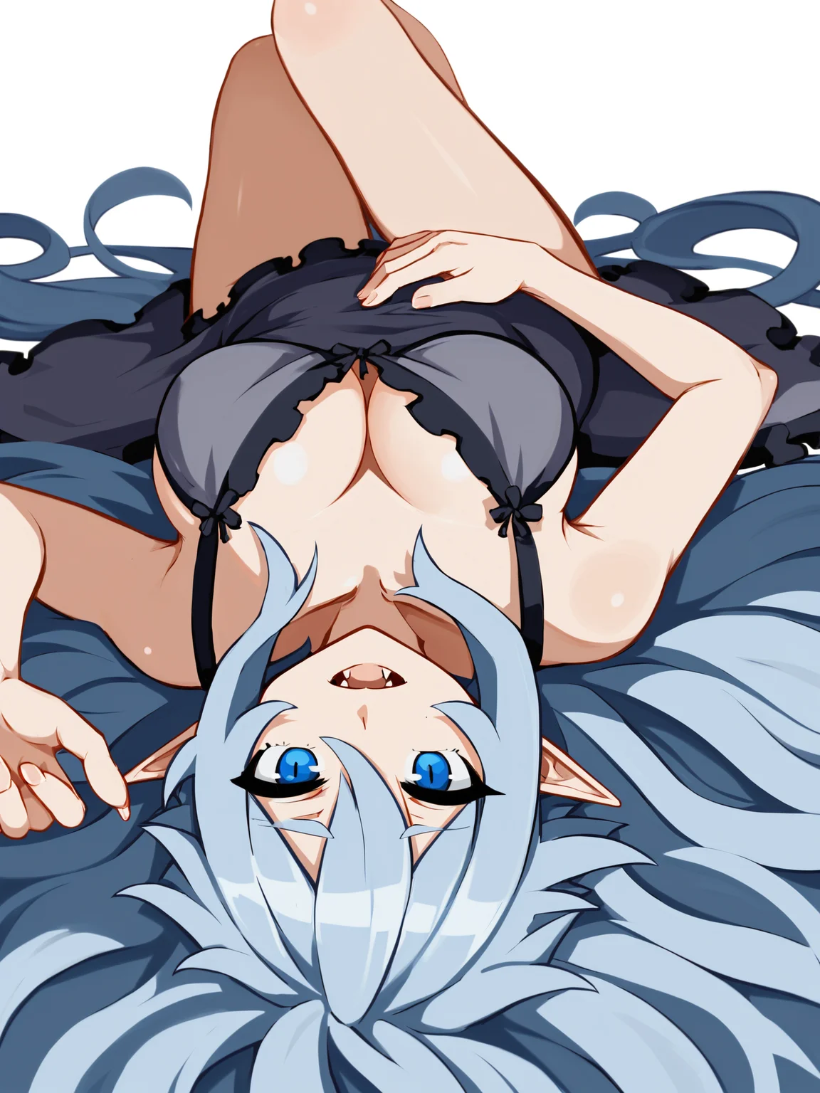 score_9,1girl,solo,upper body,close up,light blue hair,from below,on back,knees_to_chest,looking at viewer,very long hair,messy hair,blue eyes,sleepy,fangs,pointy ears,large breasts,wide hips,bare_legs,barefoot,nightgown,bedroom,<lora:DisgaeaXL:0.8>,