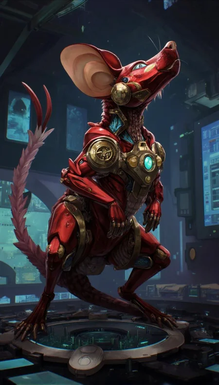 <lora:ck-LttleGhost-000011.safetensors:1> in the style of ck-lttlegh0stA sophisticated robotic rat stands atop a futuristic control panel, bathed in a dim, sci-fi inspired glow. Its metallic red body features intricate gold and blue accents, evoking an otherworldly feel. The rat's beige-tinted ears and pink tail with white tip add to its mechanical mystique, as if monitoring distant signals or propelling it forward through the vast expanse of cyberspace. A stunning example of cutting-edge robotic design.