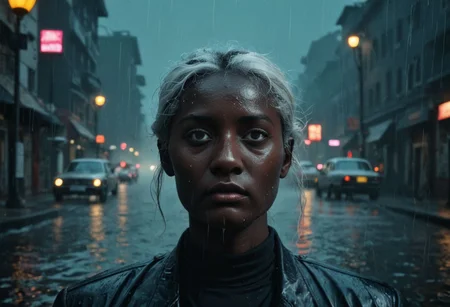 50s old noir cinema; surreal China underwater, night, fog and rain, taxi cab; a portrait of an old mad scientist with long white hair; big pink building on a background; dramatic light, cinematic, dark, moody light, film grain, kodak film, old film colors, IMAX 135mm, Wes Anderson style