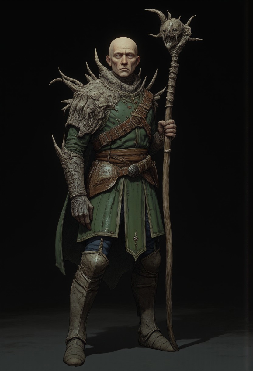 Standing in a hyper stanced extended action pose
a meddle aged bald medieval  summoner mage wearing a green sorcerers tunic and a wizards staff made out of wood zbrush
Set against a solid dark black color background to emphasize its unsettling unnatural form that emphasizes its silhouette. The medium is not a traditional painting or illustrative medium like watercolor or ink but rather a digital 3D rendering.
MikeFranchinastyle, d4artstyle, d4concept, , bbstyle,, horror theme,, zbrush, ZBClay model of a gray sculpture, 1990's, 1990's style
