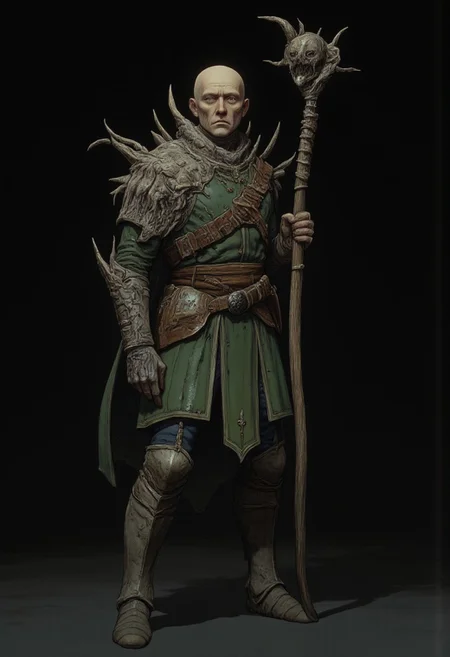 Standing in a hyper stanced extended action pose
a meddle aged bald medieval summoner mage wearing a green sorcerers tunic and a wizards staff made out of wood zbrush
Set against a solid dark black color background to emphasize its unsettling unnatural form that emphasizes its silhouette. The medium is not a traditional painting or illustrative medium like watercolor or ink but rather a digital 3D rendering.
MikeFranchinastyle, d4artstyle, d4concept, , bbstyle,, horror theme,, zbrush, ZBClay model of a gray sculpture, 1990's, 1990's style