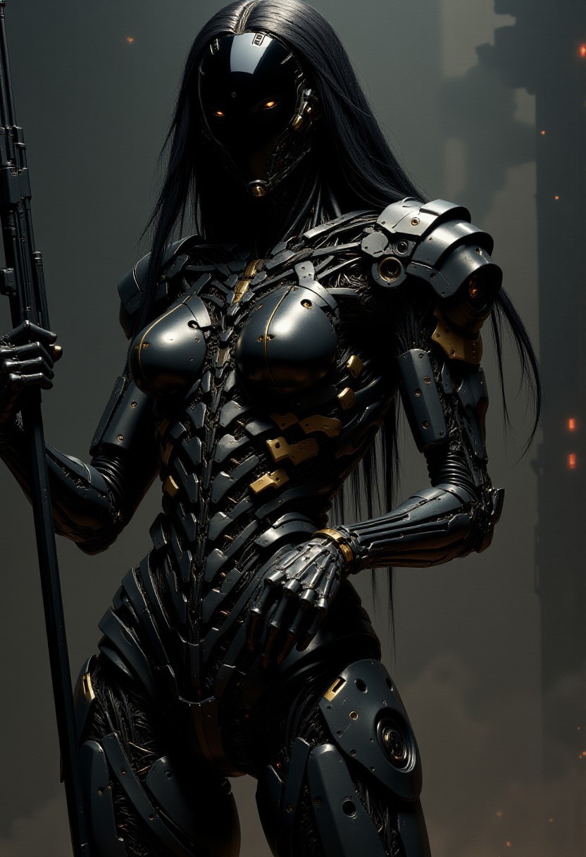 Futuristic cyborg woman in black armor with gold inserts of repeating long patterns with long hair inserted on top of the patterns, creating a ribbed surface. Black dystopian foggy background, dynamic pose in a shooting leap and a futuristic gun with a flash of shot coming from the muzzle. Close-up of the cyborg woman body and it doesn't fit in the frame