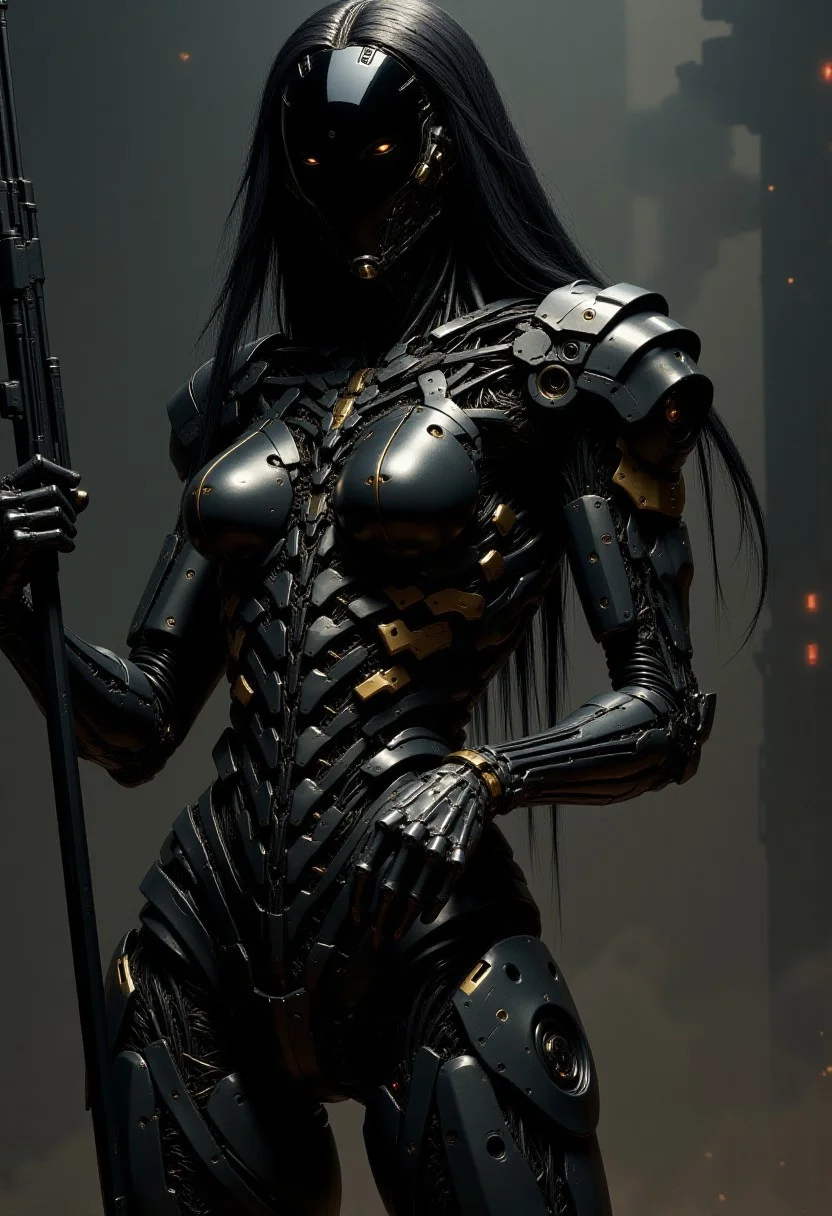 Futuristic cyborg woman in black armor with gold inserts of repeating long patterns with long hair inserted on top of the patterns, creating a ribbed surface. Black dystopian foggy background, dynamic pose in a shooting leap and a futuristic gun with a flash of shot coming from the muzzle. Close-up of the cyborg woman body and it doesn't fit in the frame