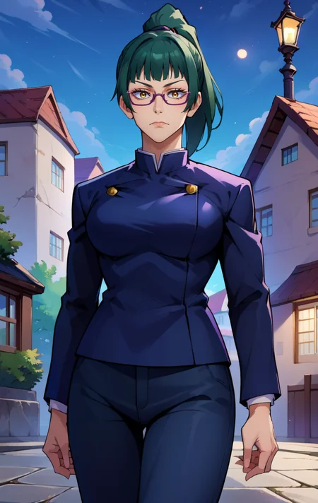 score_9, score_8_up, score_7_up, score_9, source_anime, BREAK <lora:MakizeninSDXL:1> MakizeninSDXL, 1girl, solo, long hair, breasts, looking at viewer, bangs, long sleeves, holding, green hair, golden eyes, closed mouth, school uniform, standing, jacket, ponytail, cowboy shot, outdoors, green hair, necktie, sky, glasses, pants, black jacket, night, black pants, high ponytail, building, hand in pocket, lamppost