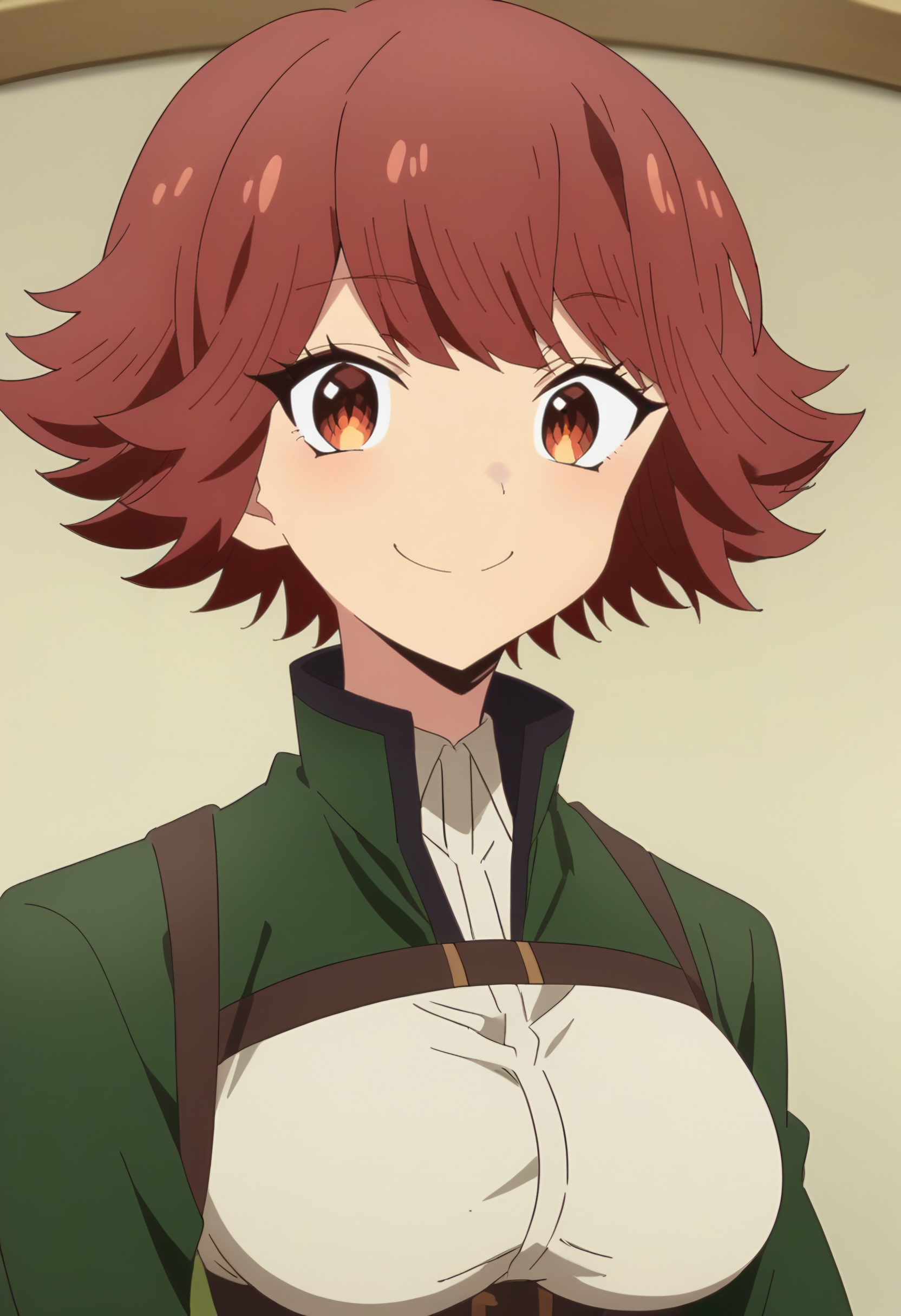 <lora:Byleri:1>  byleri, short hair, red hair, 1girl, brown eyes, brown hair, solo, large breasts,   collared shirt, green jacket , looking at viewer, upper body, smile, score_9, score_8_up, score_7_up, , anime coloring ,BREAK source_anime, anime