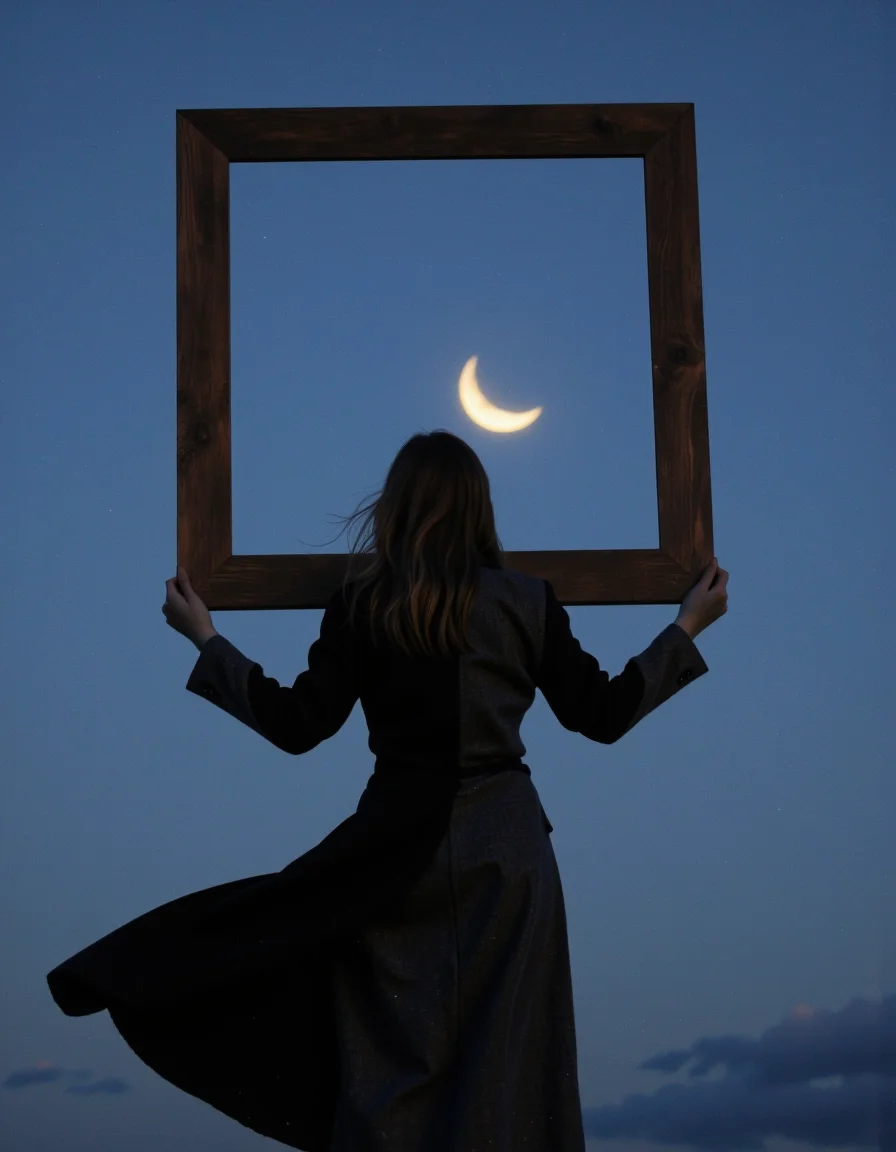 This photograph captures a surreal and thought-provoking scene at dusk. The central subject is a person, likely a woman, standing with her back to the camera, facing a large, open, rectangular frame held in front of her. The frame, which is slightly off-center, is positioned to frame a full moon, creating an optical illusion where the moon appears to be a glowing, crescent-shaped object within the frame. The woman's silhouette is dark, indicating she is wearing a long, dark coat, possibly black or dark grey, which billows behind her as if she is in motion. <lora:Hocus_Pocus:0.9>