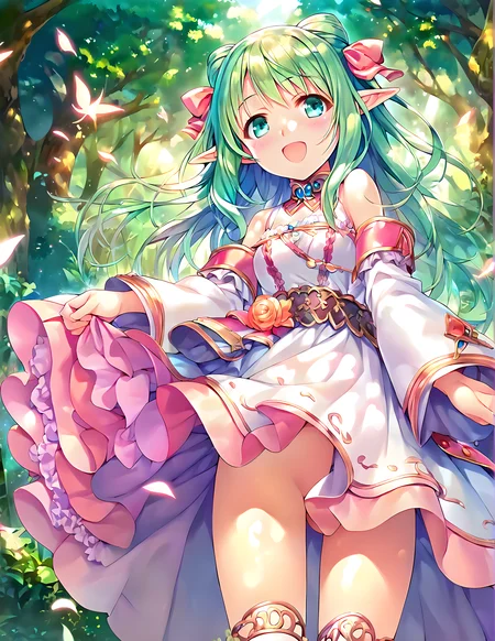 <lora:pony_xl_Cecile:0.8>,Cecile,score_9,score_8_up,score_7_up,source_anime,1girl,solo,looking at viewer,blush,smile,:d,open mouth,bare shoulders,white dress,brilliant dress,detached sleeves,thin pink skirt,ruffles,white thighhighs,nature,sky,day,Dreamy forest,fantastic,refreshing wind,the sunlight streaming through the leaves of the trees,sunny weather writing,lens_flare,hair fluttering in the wind,hair_flaps,standing,cowboy_shot,