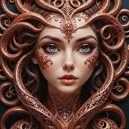 Surreal abstract art. A metallic sculpture, made of filigree copper.

<lora:Medusa01_CE_XL_300-OT:0.4> mdsaCE_style