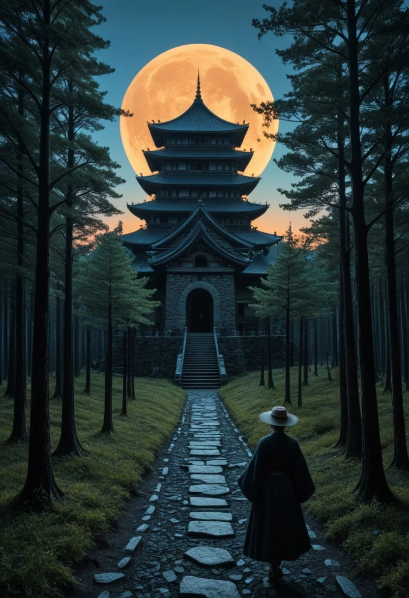 anime art, a breathtaking ultra-HD anime-style illustration of a electro_style, cowboy, masterpiece, best quality, newest, absurdres, highres, by an ancient japanese edo castle made out of fractangles, sunset, ink artwork, sharp color, fractangle sakura trees in the background, moon in background. The atmosphere is tranquil yet powerful, evoking a sense of nostalgia and wonder. Highly detailed character, precise silhouette, cinematic lighting, ultra-realistic textures, dreamy and immersive composition, masterpiece. sharp, ultra hd, 8k, 4k, artstation, (Fractangles), movie poster