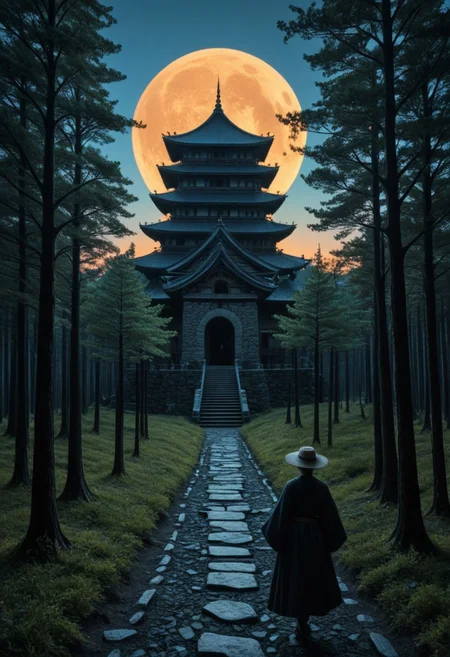anime art, a breathtaking ultra-HD anime-style illustration of a electro_style, cowboy, masterpiece, best quality, newest, absurdres, highres, by an ancient japanese edo castle made out of fractangles, sunset, ink artwork, sharp color, fractangle sakura trees in the background, moon in background. The atmosphere is tranquil yet powerful, evoking a sense of nostalgia and wonder. Highly detailed character, precise silhouette, cinematic lighting, ultra-realistic textures, dreamy and immersive composition, masterpiece. sharp, ultra hd, 8k, 4k, artstation, (Fractangles), movie poster
