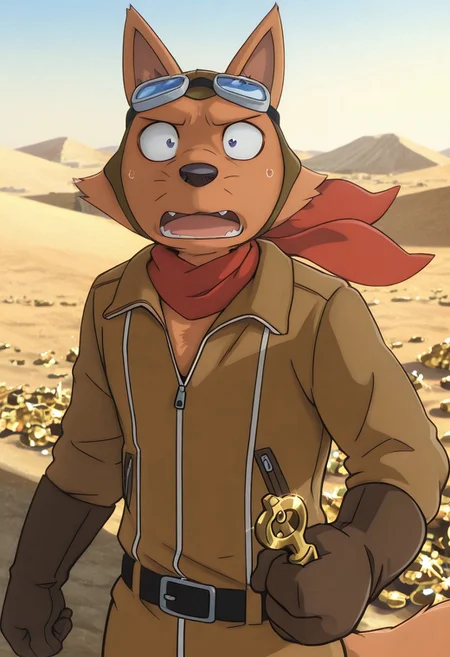 detailed background, detailed fur, solo, 1boy, adult, muscular, (ZorondoRon), fox, very expressive, amazed, head movement, desert background, outdoors, Egyptian desert scenery, holding gold key, facing viewer, brown aviators outfit, brown gloves, aviator googles, red scarf around neck, detailed scenery, masterpiece, best quality, amazing quality, absurdres, newest, high res, ultra detailed, best quality, best artwork, detailed eyes, (eyes focus), perfect eyes, big iris, pupils visible, 4k, ultra quality, perfect face