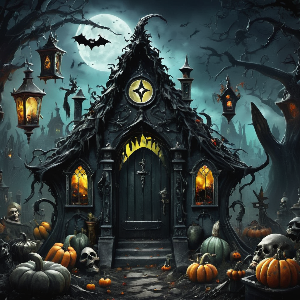 ((realistic,digital art)), (hyper detailed),h4l0w3n5l0w5tyl3DonMD4rk Witches' Lair, Mystical, Graveyards, Scarecrows, Haunted Sconces, Vintage Horror, <lora:h4l0w3n5l0w5tyl3DonMD4rk-XLv1.1:1>