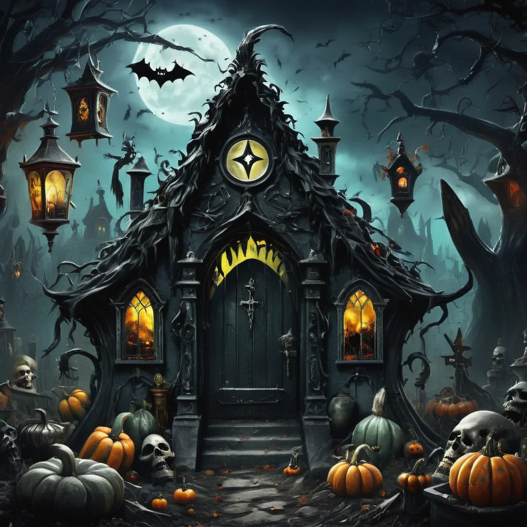((realistic,digital art)), (hyper detailed),h4l0w3n5l0w5tyl3DonMD4rk Witches' Lair, Mystical, Graveyards, Scarecrows, Haunted Sconces, Vintage Horror, <lora:h4l0w3n5l0w5tyl3DonMD4rk-XLv1.1:1>