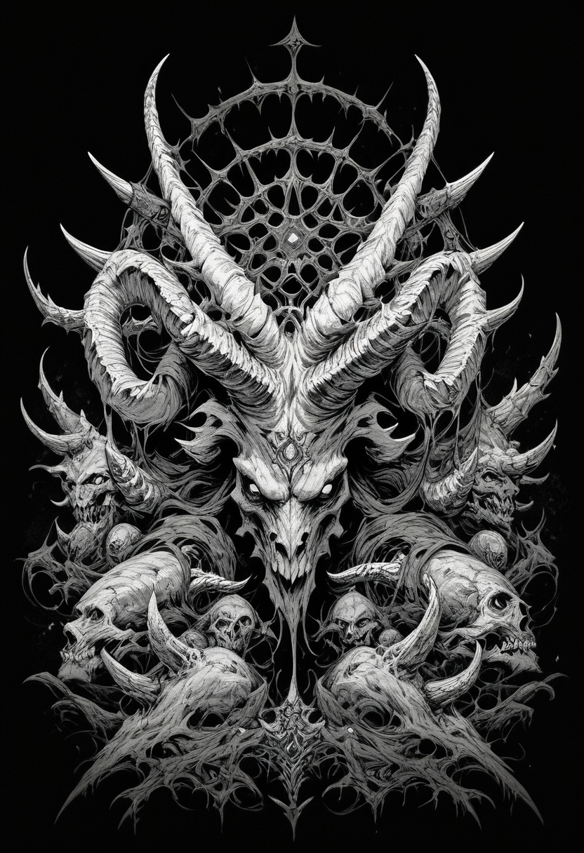 (score_9, score_8_up), score_7_up, zPDXL, solo, looking at viewer, monochrome, greyscale, horns, no humans, black background, monster, multiple horns  <lora:GRIM_v1:0.95>