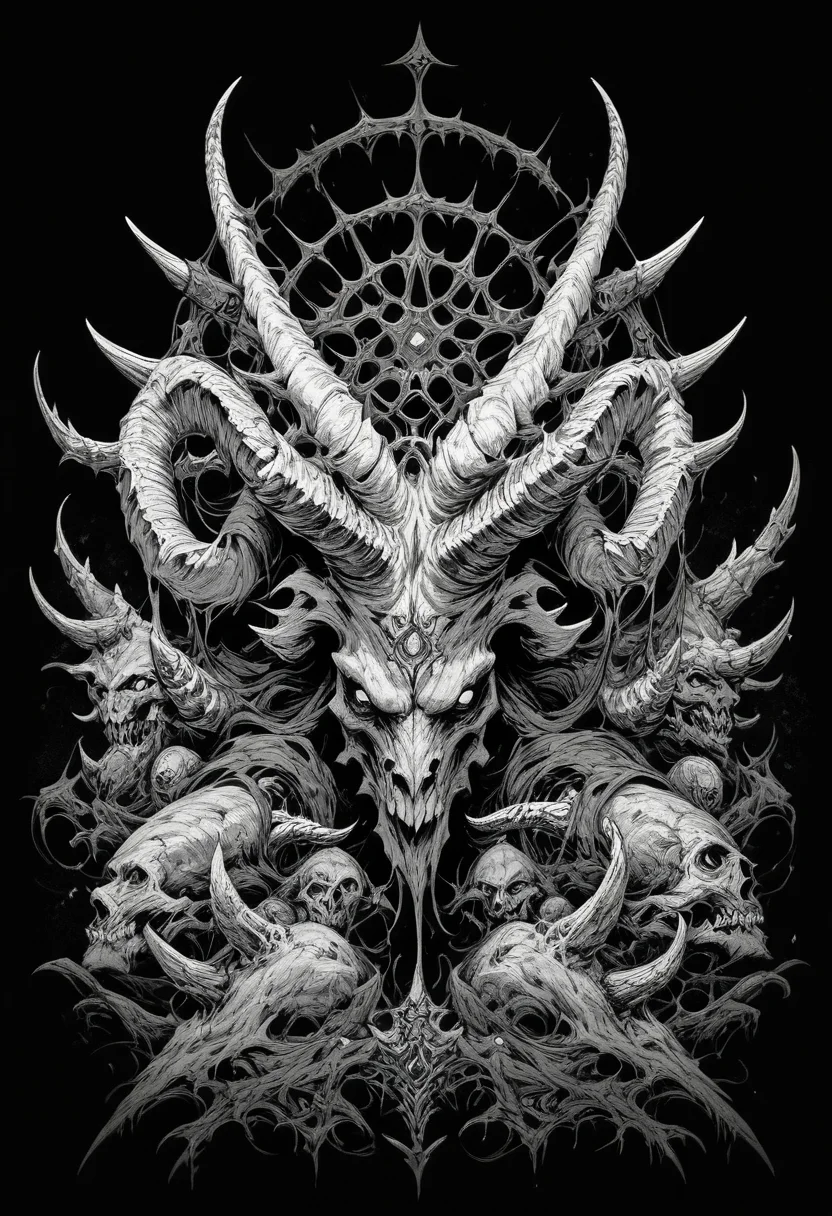 (score_9, score_8_up), score_7_up, zPDXL, solo, looking at viewer, monochrome, greyscale, horns, no humans, black background, monster, multiple horns <lora:GRIM_v1:0.95>