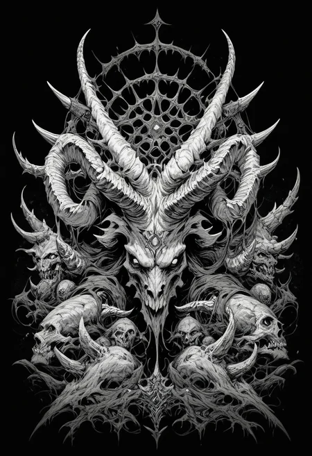 (score_9, score_8_up), score_7_up, zPDXL, solo, looking at viewer, monochrome, greyscale, horns, no humans, black background, monster, multiple horns <lora:GRIM_v1:0.95>