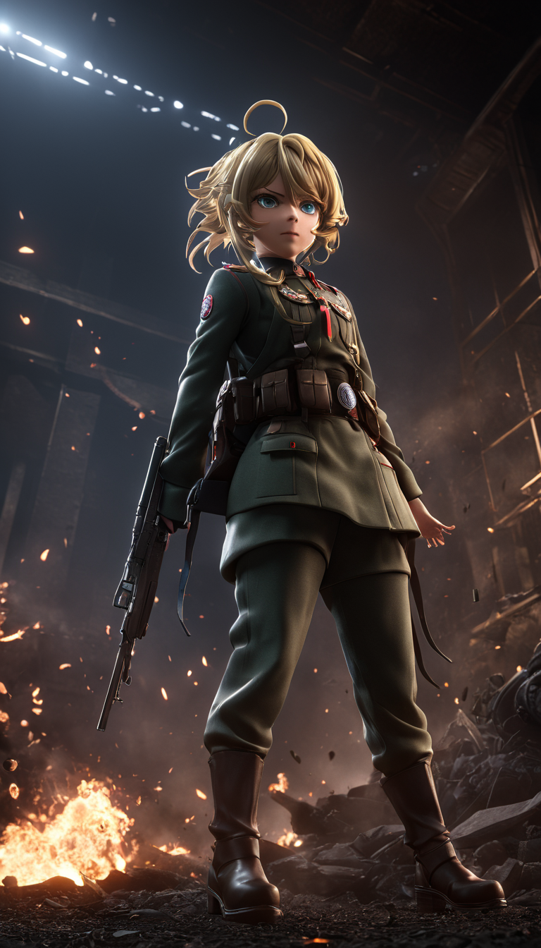 professional 3d model Cinematic scene, hero view, Tanya Degurechaff, Youjo Senki <lora:tanya_degurechaff_xl_v6:1>, action pose, detailed background, masterpiece, best quality, high quality, highres, absurdres  . octane render, highly detailed, volumetric, dramatic lighting