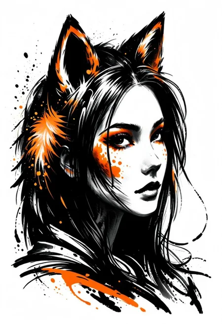 Sinoink, 1girl, cute and beautiful, long hair, orange fox ears, orange fox tail, long eyelashes, seductive, portrait, closeup, dynamic angle, dynamic pose, ink splatter, made of mad-nksktch