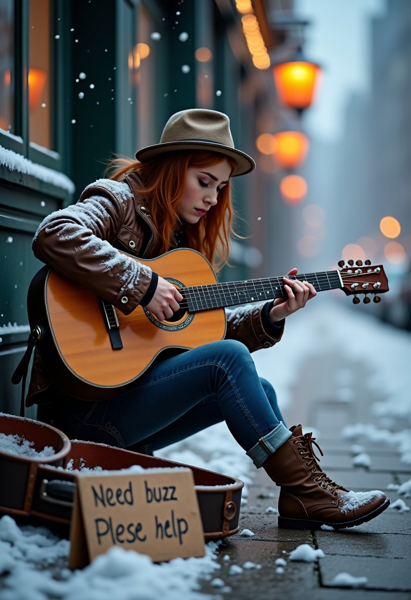 A ginger female street musician playing blues on an old acoustic guitar. She sits on a cold sidewalk during winter, wearing a worn vintage hat and an old leather jacket that barely keeps her warm. Her fingers are visibly cold as she plays, with a determined yet weary expression. In front of her lies an open guitar case with a cardboard sign that simply reads: 'Need buzz. Please help.' The scene is set during a snowy evening, with a dim streetlight casting a soft glow over the falling snowflakes. The image captures the raw struggle and resilience of a blues artist in winter. Highly detailed, emotional, and atmospheric