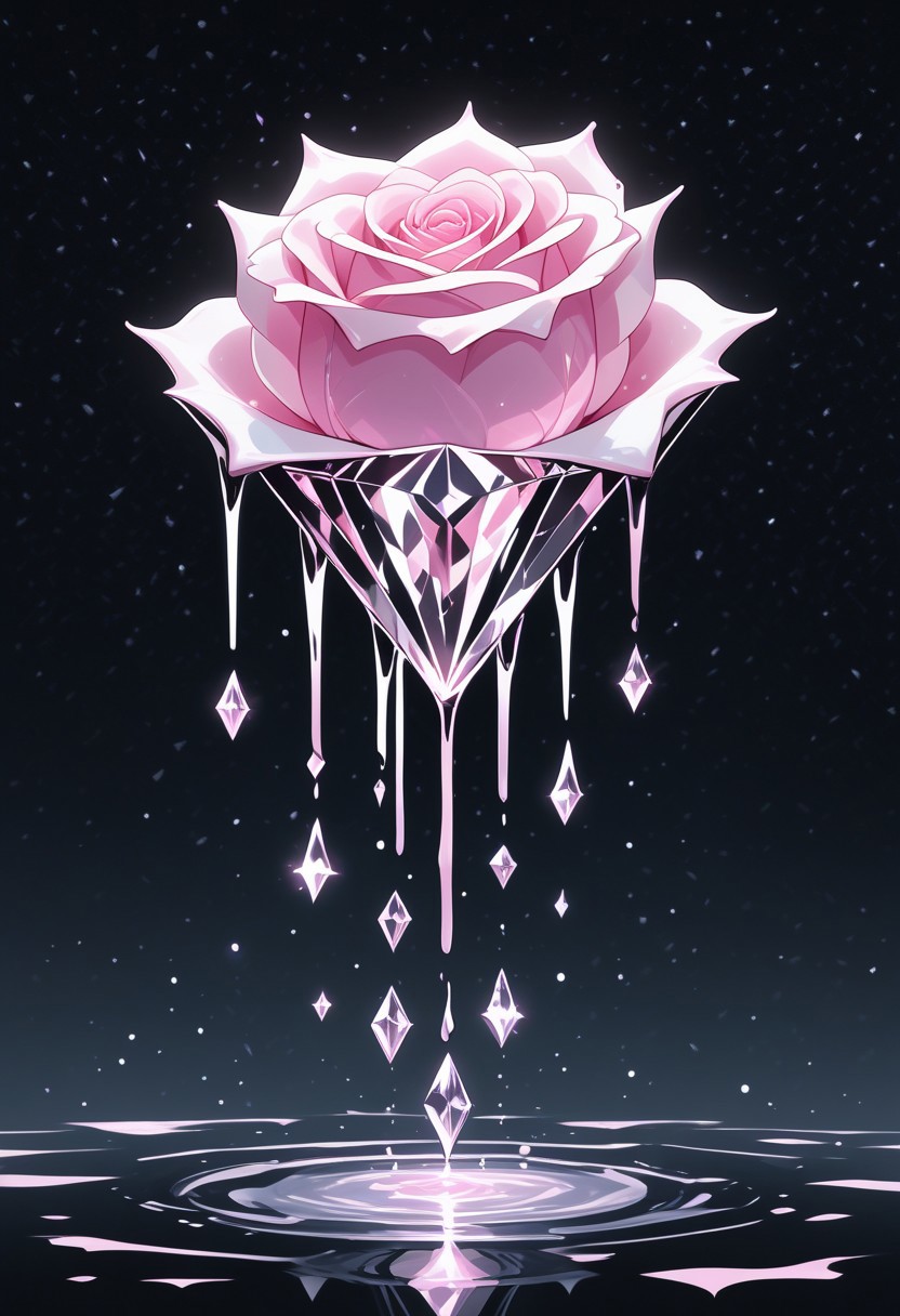 (masterpiece), best quality, Anime, Illustration, (Floating Diamond, Crystal, Magic, Reflection, Melting, Dripping, Pink Rose), Black Background, No Humans, Starry Theme, (Light Refraction), White and Pink Theme, Natural Lighting, Verynsty