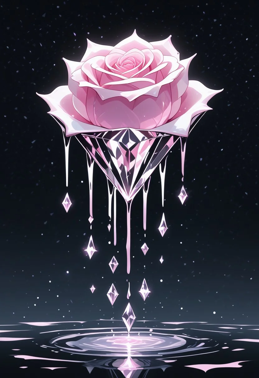 (masterpiece), best quality, Anime, Illustration, (Floating Diamond, Crystal, Magic, Reflection, Melting, Dripping, Pink Rose), Black Background, No Humans, Starry Theme, (Light Refraction), White and Pink Theme, Natural Lighting, Verynsty
