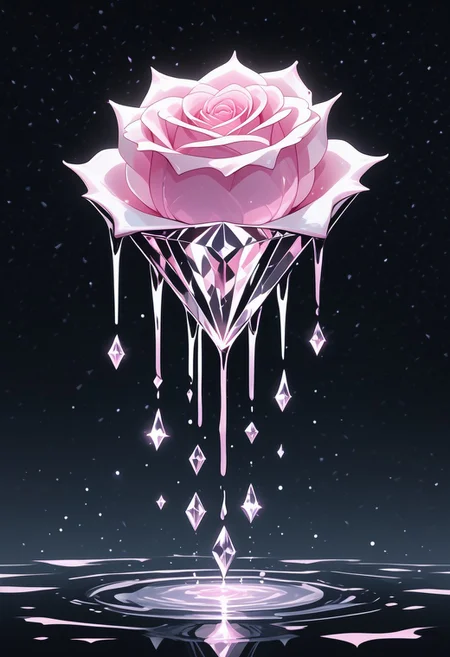 (masterpiece), best quality, Anime, Illustration, (Floating Diamond, Crystal, Magic, Reflection, Melting, Dripping, Pink Rose), Black Background, No Humans, Starry Theme, (Light Refraction), White and Pink Theme, Natural Lighting, Verynsty