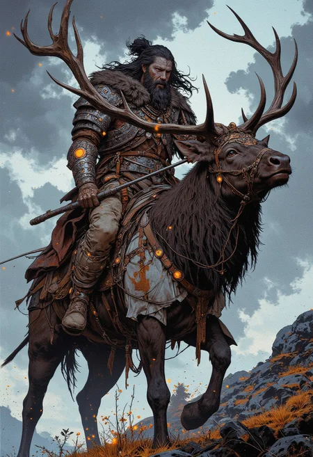 A highly detailed 
mythical warrior with a beard , and long hair gathered in a bundle, wearing leather rawhide open armor, depicted riding on a mythical big elk with large horns, he is on the battlefield, fog, bright fireflies below, in the background of battle