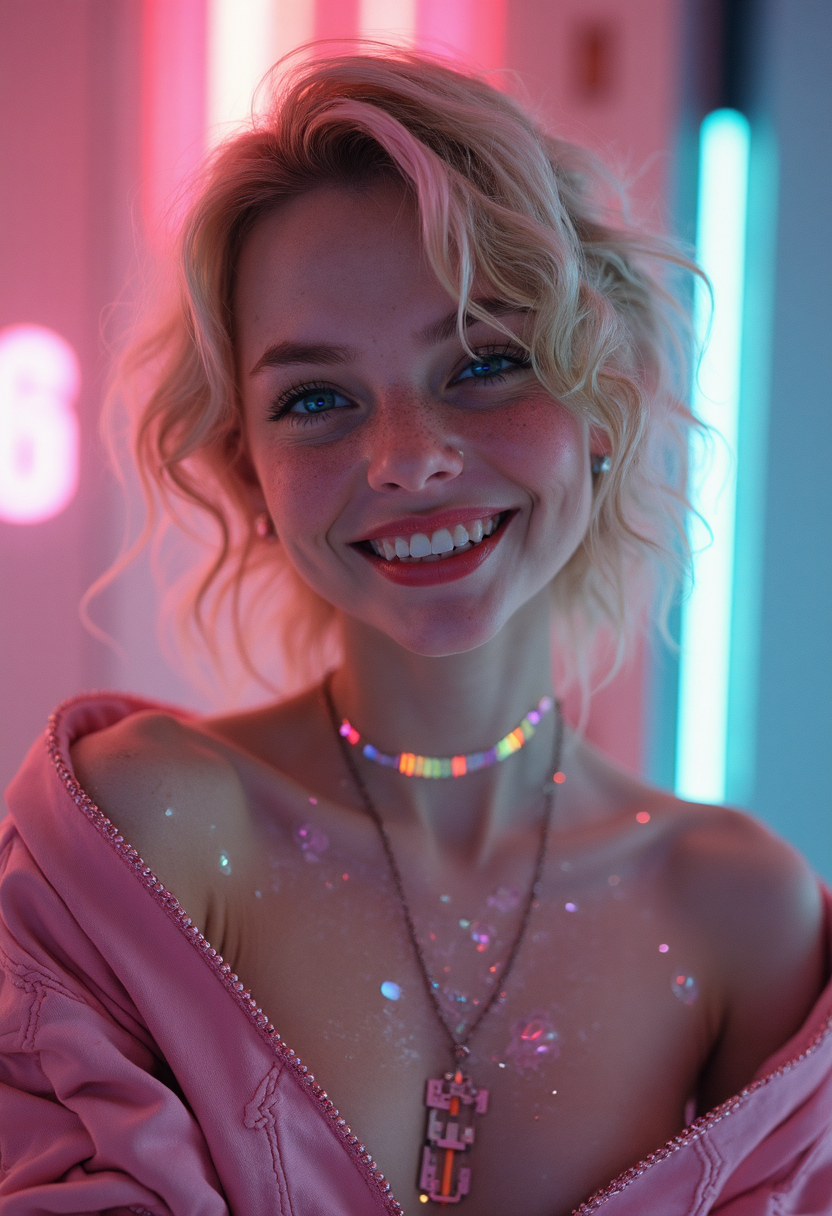 cinematic film still A highly detailed, cyberpunk-inspired portrait of a 20yo beautiful sunshine hipster woman with striking futuristic elements. radiant skin, cheerful appearance, her blonde short hair streaked with pastel pink highlights. Her chest and neck are adorned with colorful cyberpunk Quantum Circuitry patterns, she has sparkling blue eyes with light make up. She wears  pink futuristic clothes with pastel circuitry woven into the fabric, reflecting the flickering lights of a vibrant, extravagant upscale night club behind her for only the wealthiest of patrons behind her. She has a bright smile and a playful smirk, with a faint smirk playing on her lips. In the background a vibrant upscale nightclub , holographic dancers, and a mix of modern and whimsical decor.cope, moody, epic, gorgeous, film grain, grainy