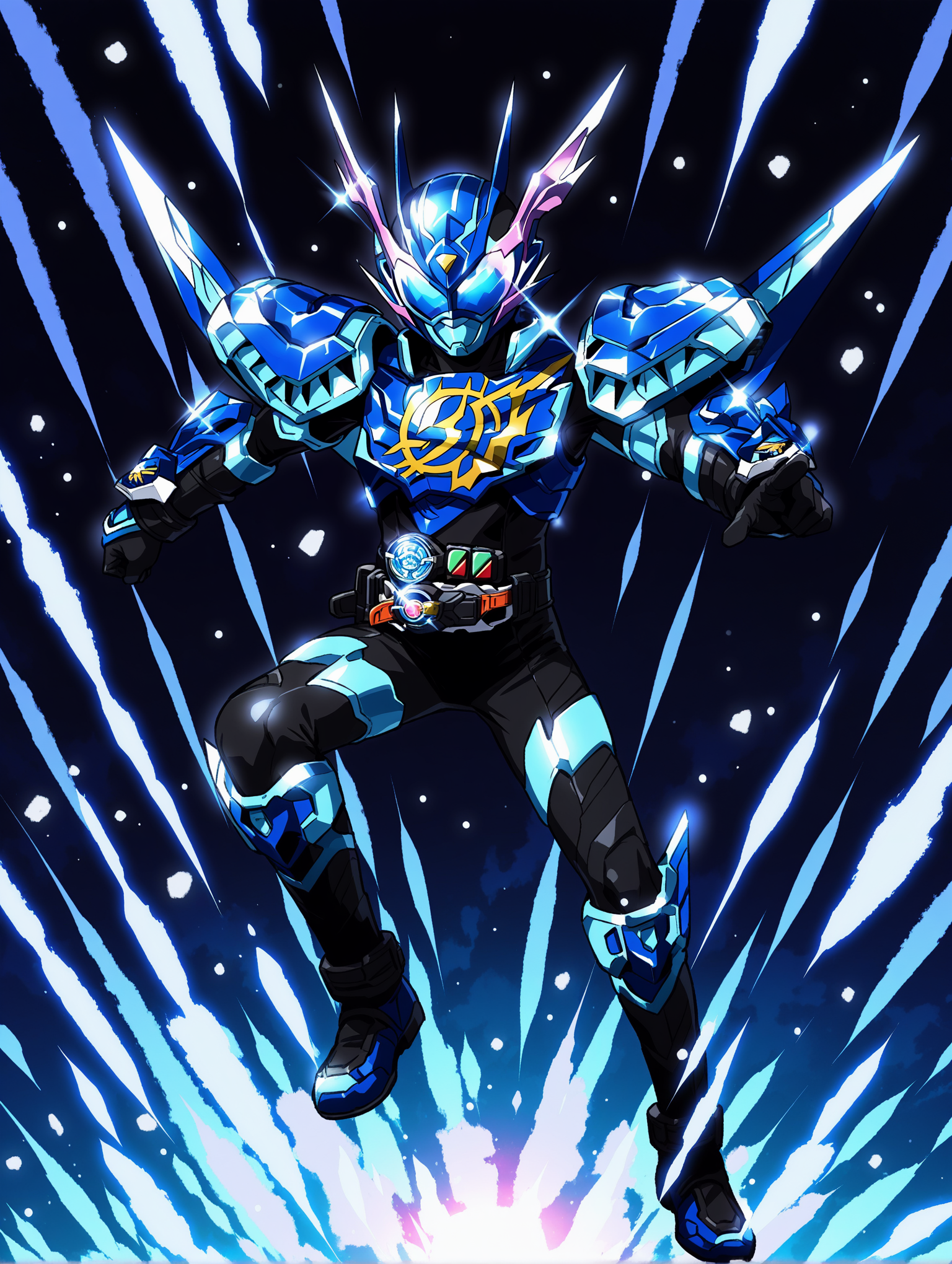 full body, solo, blue armor, tokusatsu, bodysuit, helmet, rider belt, dragon
