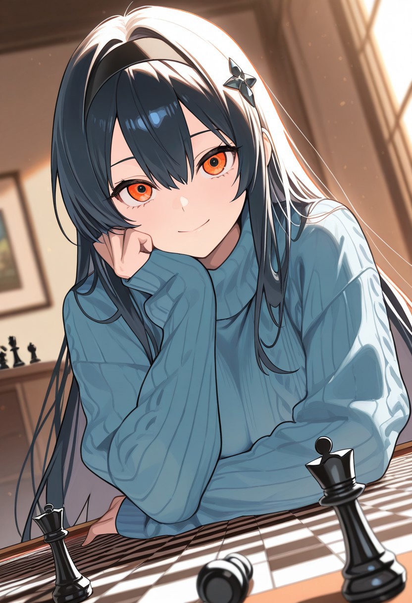 WALLPPR_ST, detailed background, (masterpiece), (best quality), (ultra-detailed), very aesthetic, high resolution, illustration, perfect composition, intricate details, absurdres, newest, extremely detailed eyes, beautiful, perfect lighting, hi res, amazing quality, very awa, painting_(artwork), dynamic angle, dynamic pose, 1girl, solo, board game, hairband, smile, long hair, sweater, looking at viewer, long sleeves, black hairband, hair ornament, blurry, head rest, orange eyes, bangs, closed mouth, elbow rest, turtleneck, chess piece, turtleneck sweater, upper body, hair between eyes, sleeves past wrists