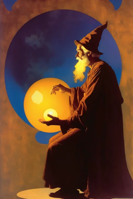 <lora:Maxfield Parrish Style:1>Maxfield Parrish Style - wizard gazing at orb Maxfield Parrish art