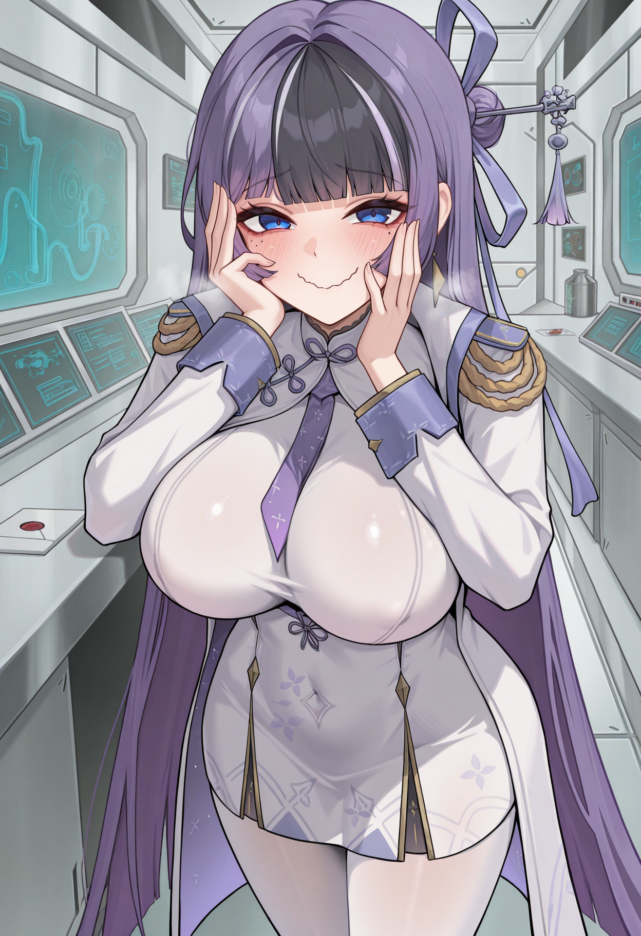masterpiece, best quality, absurdres, highres, newest, 1girl, solo, <lora:jien-nikke-richy-v1_ixl:1> jien, blue eyes, mole under eye, purple hair, multicolored hair, streaked hair, black hair, very long hair, blunt bangs, hair bun, hair ornament, purple ribbon, hair ribbon, earrings, large breasts, white jacket, epaulettes, white dress, purple necktie, impossible clothes, white pantyhose, standing, science fiction, laboratory, thinking, hand on own face, wavy mouth, smile, blush, heavy breathing, looking at viewer,