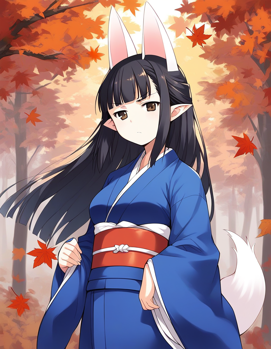 score_9, score_8_up, score_7_up, source_anime, rating_explicit, BREAK  <lora:Hasaha_Ver2.0_XL:1> Hasaha, animal ears, black hair, brown eyes, pointy ears,  white tail, 
 long hair, japanese clothes, kimono, sash, obi, blunt bangs, holding, medium breasts,
japanese clothes, blue kimono,   sash, obi,  
fallen leaves, autumn, day,
serious,
looking at viewer, 
cowboy_Shot,