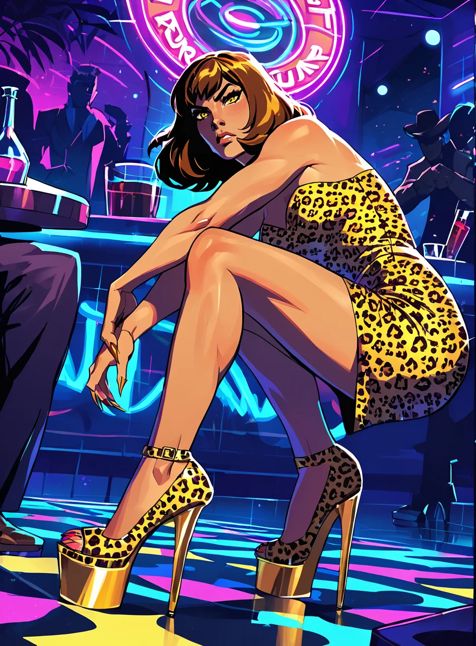 score_9, score_8_up, score_7_up, <lora:classcompxl:1>, classcompxl, vibrant color, 1girl, nightclub, dark, night, disco floor, heels, in motion, action, bangs, aubrun hair, leopard print dress, serious, yellow eyes, tight dress, crouching, platform heels, claws,