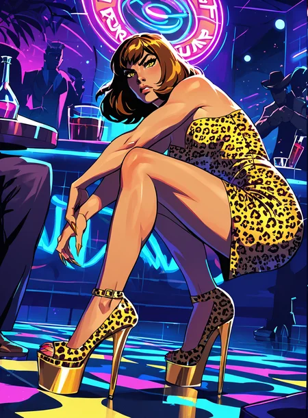 score_9, score_8_up, score_7_up, <lora:classcompxl:1>, classcompxl, vibrant color, 1girl, nightclub, dark, night, disco floor, heels, in motion, action, bangs, aubrun hair, leopard print dress, serious, yellow eyes, tight dress, crouching, platform heels, claws,