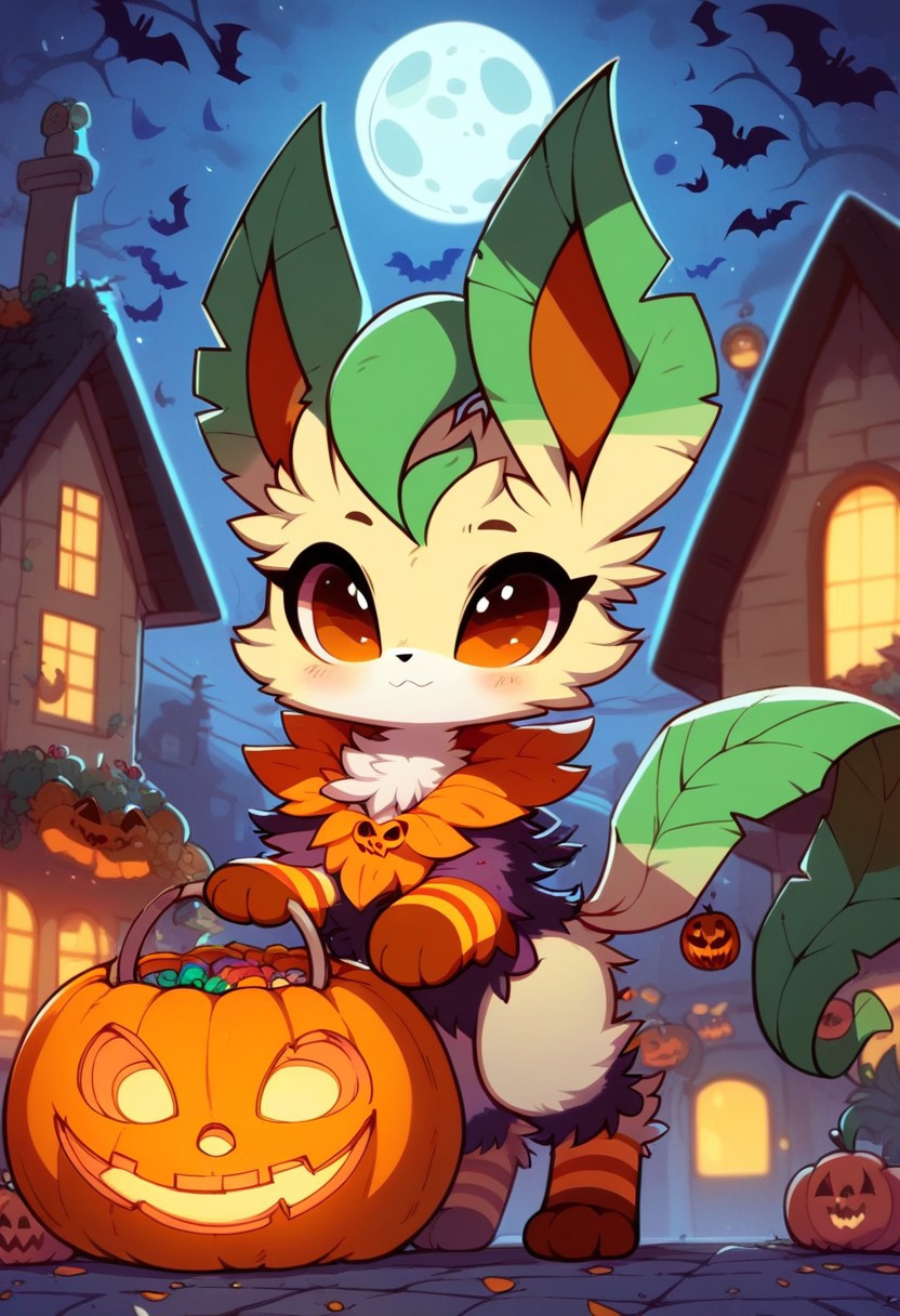 score_9,score_8_up,score_7_up, 1girl, pokemon creature, no humans, feral, furry, leafeon, halloween costume, house with halloween decoration, halloween, big moon on sky, moon with skull face, MegaFluffyPony, furry, fluffy