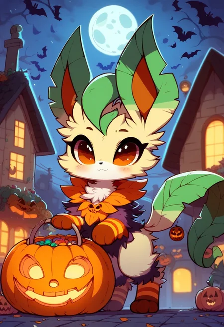 score_9,score_8_up,score_7_up, 1girl, pokemon creature, no humans, feral, furry, leafeon, halloween costume, house with halloween decoration, halloween, big moon on sky, moon with skull face, MegaFluffyPony, furry, fluffy