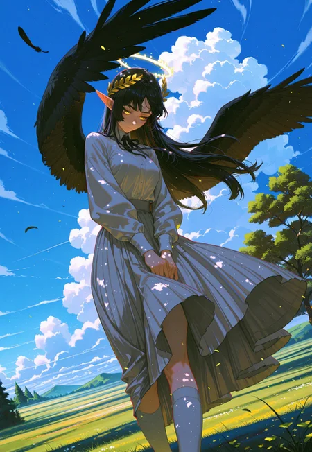 safe_pos, Laurel crown, 1 girl, dear angel, black hair, straight hair, staring, bright yellow eyes, slit pupils, thick eyelashes, long eyelashes, glowing halo, winged halo, elf ears, glowing clothes, glowing eyes, black feathers, feathered wings, long socks, skirt, wind, floating clothes, floating hair, shining theme, sky, flying through clouds, clouds, landscape in distance, dappled sunlight, tree shade,
detailed background, Dutch angle,
(sexy), ink painting background, overgrown environment,
dynamic light, beautiful light,
soft shadows, raytracing, ambient occlusion, detailed background,
masterpiece, best quality, amazing quality, very aesthetic, absurdres, newest, huge filesize, (by dino_(dinoartforame):0.4), (ask_(askzy):0.6), (by sakuraba yuuki:0.3), (ilya kuvshinov:0.2), (incase:0.65), n0riuma_illu,