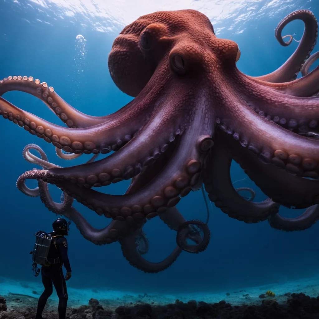 cinematic film still of <lora:underwater style:1>
In the deep blue underwater a man standing in front of a giant octopus,1boy,holding,standing,weapon,helmet,tentacles,1other,science fiction,monster,underwater,size difference,alien,spacesuit , realistic, realism, photorealism, hyperrealism, hyperrealistic, realistic, sharp, detailed, documentary style, film light style, movie still, photography, artistic, perfection, contrast, cinematic, filmic, high quality photo, 8k quality, colorful, different animals, national geographic style, different creatures, different color, underwater style, shallow depth of field, vignette, highly detailed, high budget, bokeh, cinemascope, moody, epic, gorgeous, film grain, grainy