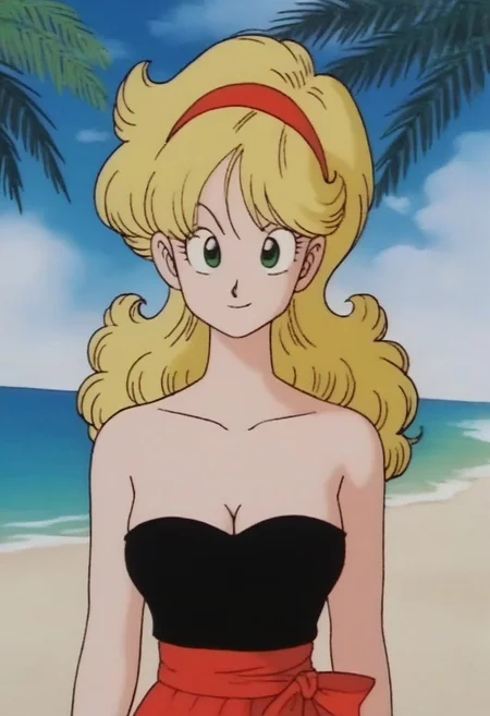 score_9, score_8_up, score_7_up, score_6_up, score_5_up, score_4_up, 1 girl, launch bad, blonde hair, long hair, curly hair, green eyes, collarbone, smile, looking at viewers, a strapless black tube dress, medium breast, at a beach, sunlight through palm trees, dragonballartstyle, drgbls1, style of akira toriyama, <lora:Akira_Toriyama_style_1_2_R:1.0>, 1990s style, retro artstyle, anime coloring, traditional media, cel shading, hyperdetailed, 4k, 8k, masterpiece,