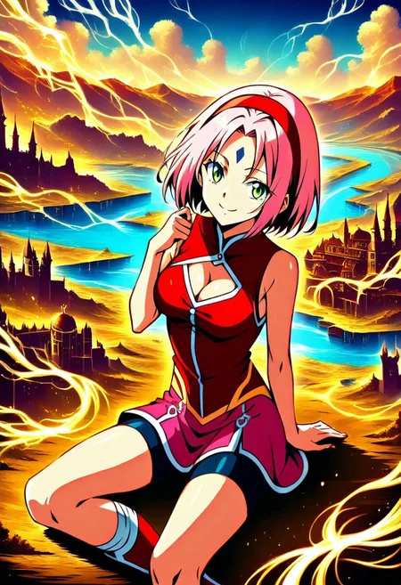 masterpiece, best quality, amazing quality, very aesthetic, absurdres,  newest, cowboy shot , sitting , cross legs  (detailed face),  detailed facial expression ,1girl, ((haruno sakura)) , pink hair, bob cut hair, green eyes, hairband, sleeveless,  ((fire shirt)) (firm breast) ,pink skirt ,  bike shorts,^_*,  toeless boots , (anime coloring,red hairband,facial mark, forehead mark), leg bandages , athletic body , sexy seductive , smile:1.3, detailed background castle , old medieval time , red glowing clouds , god rays , shadows , rainbow , hyperrealistic background , river  , elden ring  erdtree made of golden and blue and red and yellow and purple lightning thunder trails , rating pg , ( cleavage1.2) ,lthndrtrl, the flash a girl woman wearing a hero suit, the suit made of red and pink and orange and yellow and purple lightning thunder trails, futuristic city, depth effect, perfect eyes, running on the ground in the midground . sak_nar