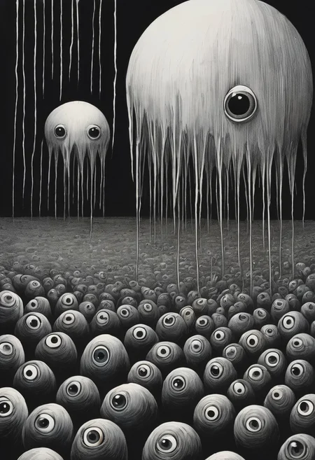 score_9, score_8_up, score_7_up, Impressionism,   a background of eyeballs in a black void, 1 man cowering in terror, suffering from fear, guro, mind broken