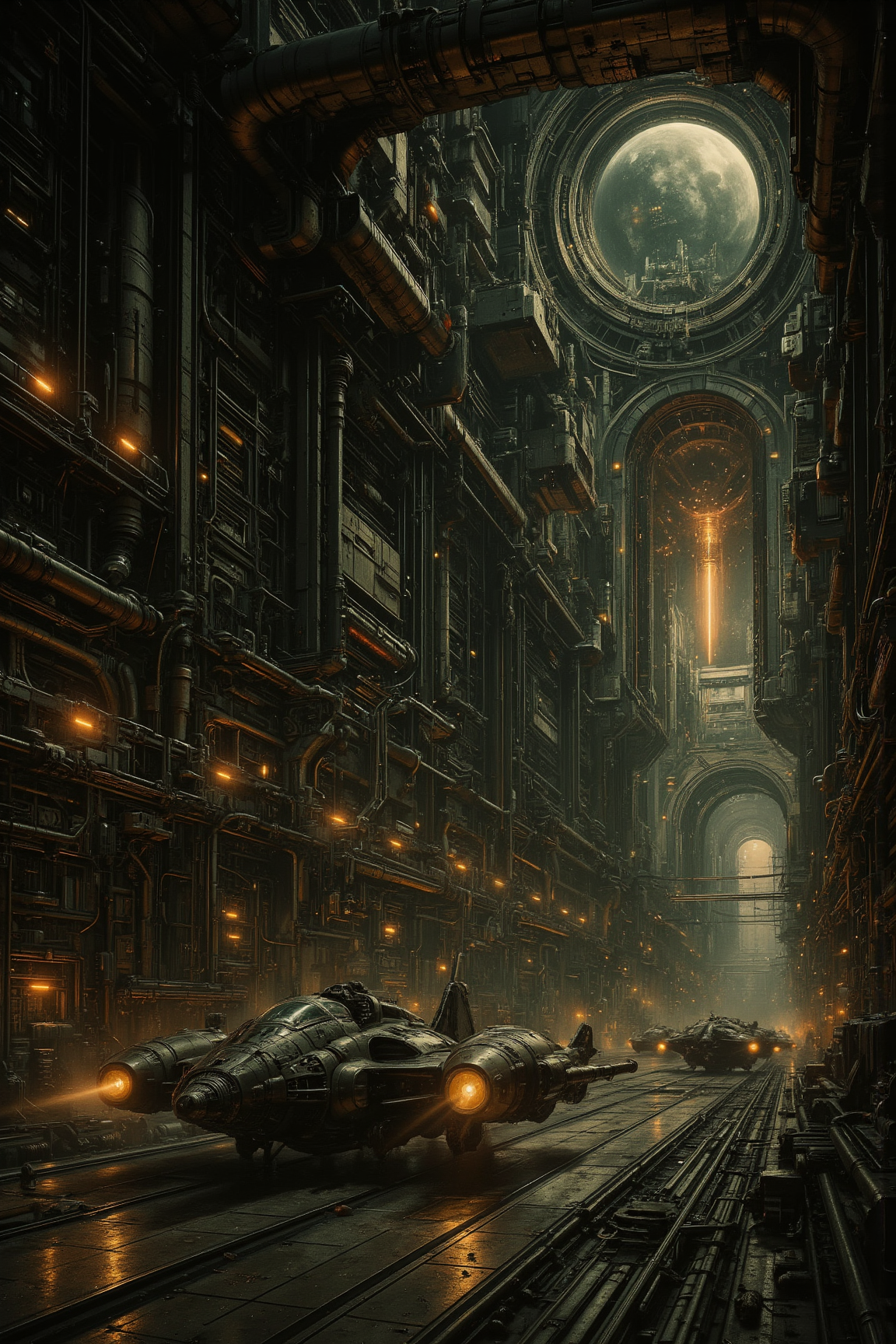 Cinematic, huge hangar bay, science fiction, retro, 1970s Panavision, fighter style spaceships parked on the floor, massive glowing exit into deep space.