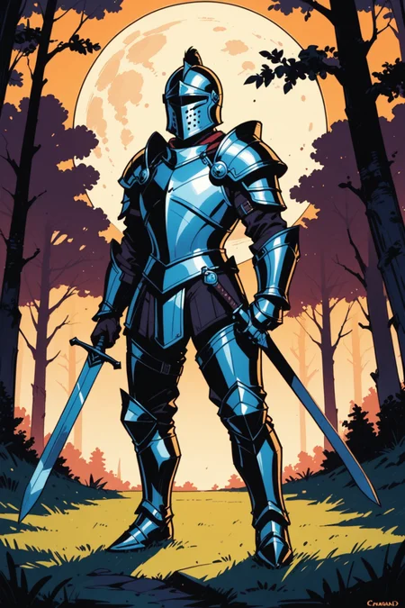 armor, weapon, sword, helmet, holding weapon, tree, holding sword, holding, gauntlets, outdoors, knight, forest, nature, full armor, solo, moon, night, 1other, standing, shoulder armor, ambiguous gender, pauldrons, plate armor, greaves, cape, breastplate, reflection, faulds, grass, full body, full moon, a_Comic_Illustration, rough lines with ink, (drawn:1.1), (sketch:1.5), (crosshatching:1.25), (comic style:1.1), graphic novel style, sharp lines, hires, zstyle, (western comics \(style\):1.1), (hatching \(texture\):1.2), zPDXL, Mr_Monster_Possitive, <lora:Expressive_H:0.5>, score_9, score_8_up, score_8_up,